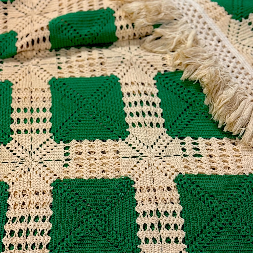 Antique Blanket/Coverlet Green and Cream Crochet